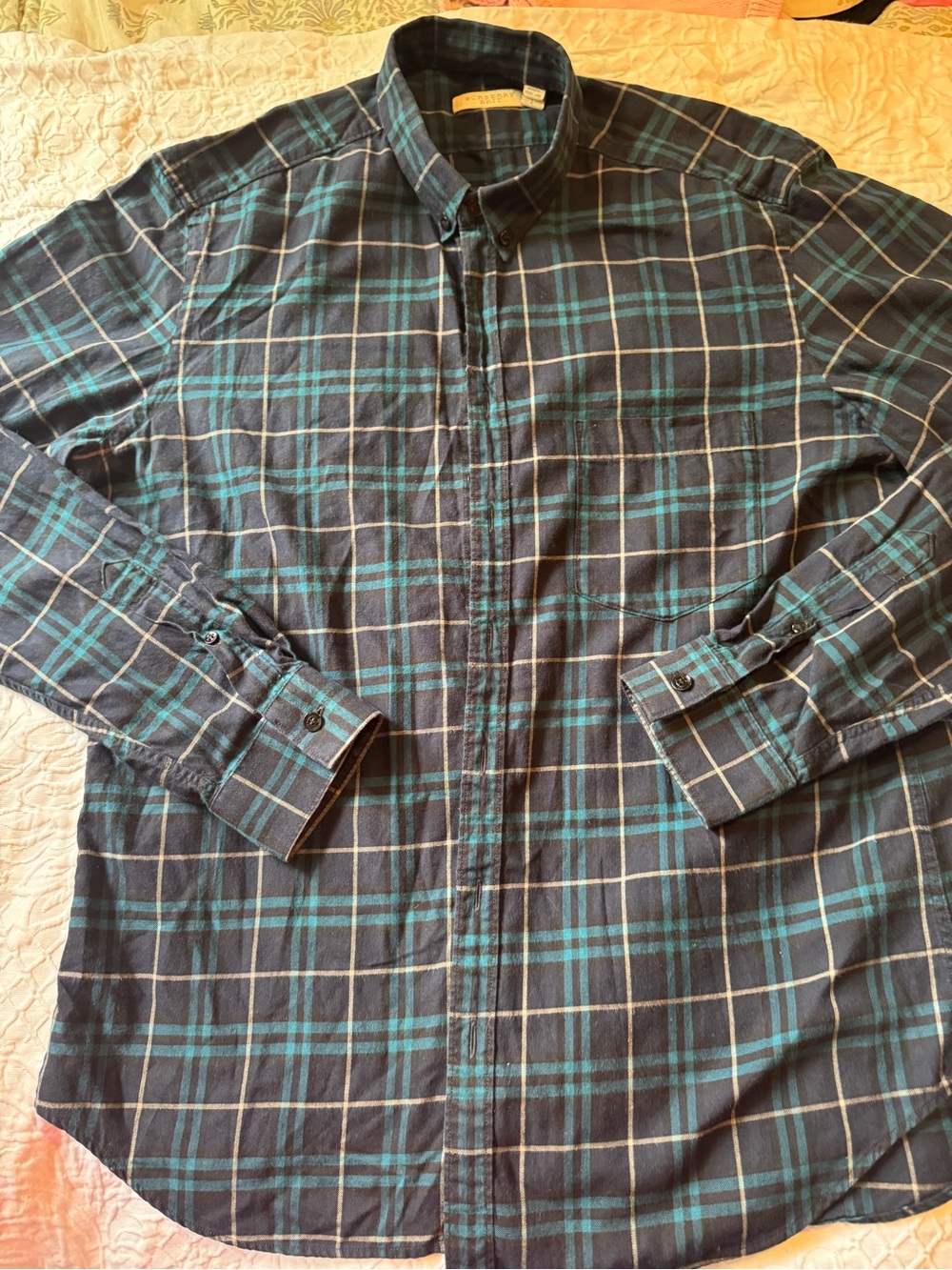 Classic Men's Burberry Teal & Navy Plaid Button-Down Shirt
